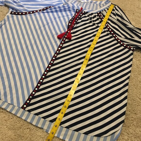 NWT Nygard Missy Indigo & Red Harlequin Striped Tassled Tunic Blouse - Picture 15 of 16